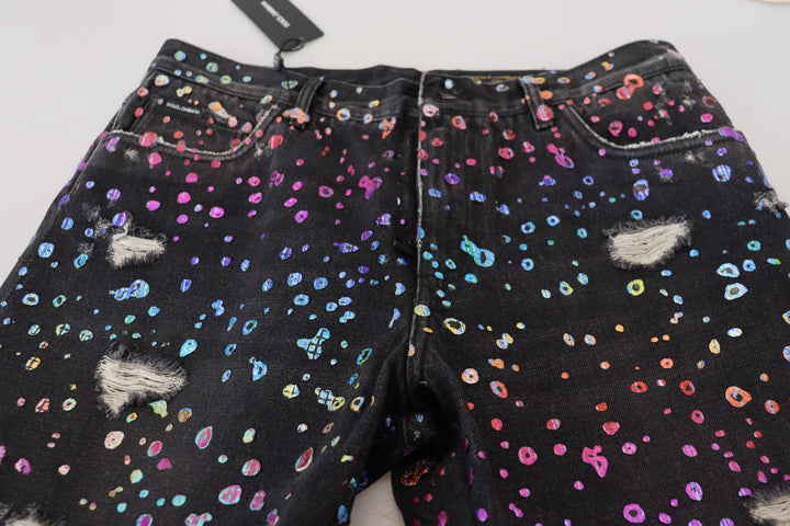 Schwarze Multicolor Print Zerrissene Denim Jeans