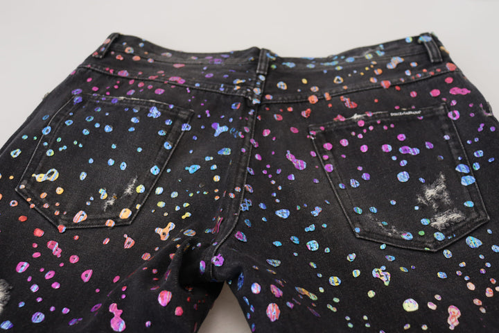 Schwarze Multicolor Print Zerrissene Denim Jeans
