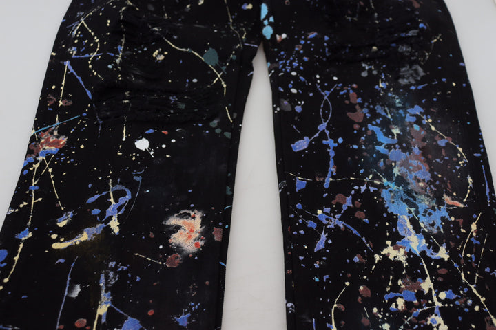 Schwarze Denim-Jeans mit Farbklecksdruck aus Baumwolle
