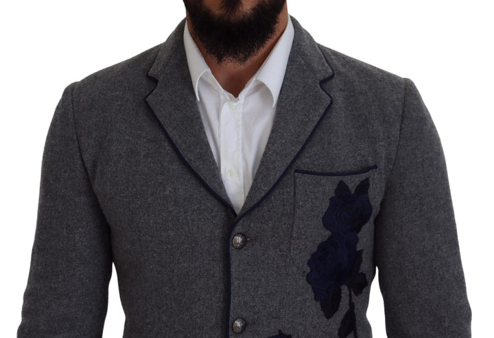 Elegant blazer made of grey wool with blue rose embroidery