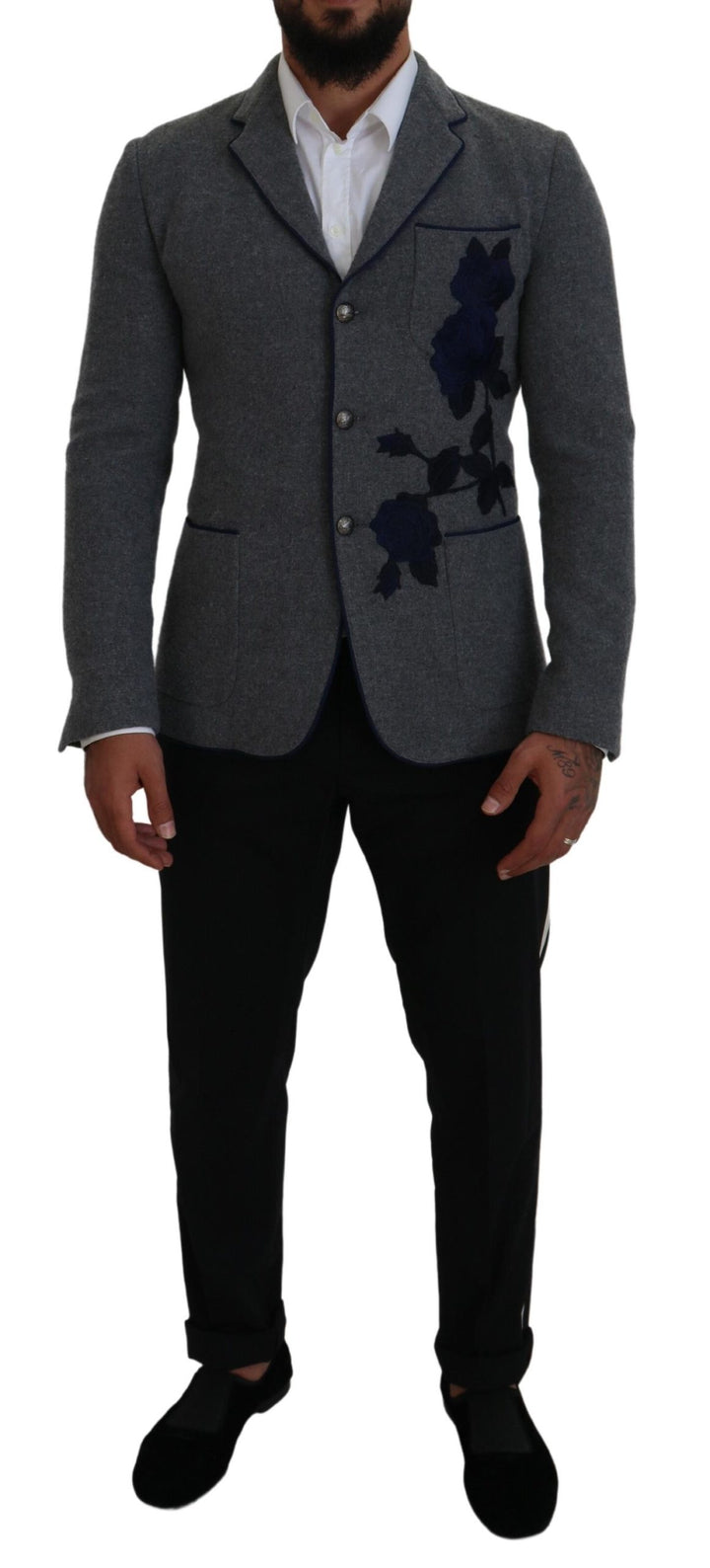 Elegant blazer made of grey wool with blue rose embroidery