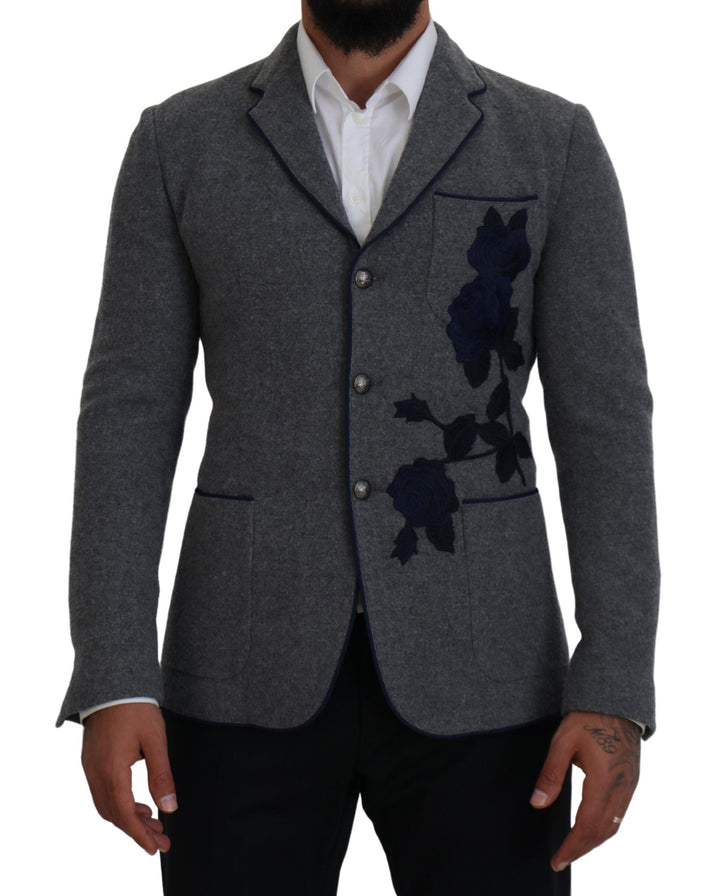 Elegant blazer made of grey wool with blue rose embroidery