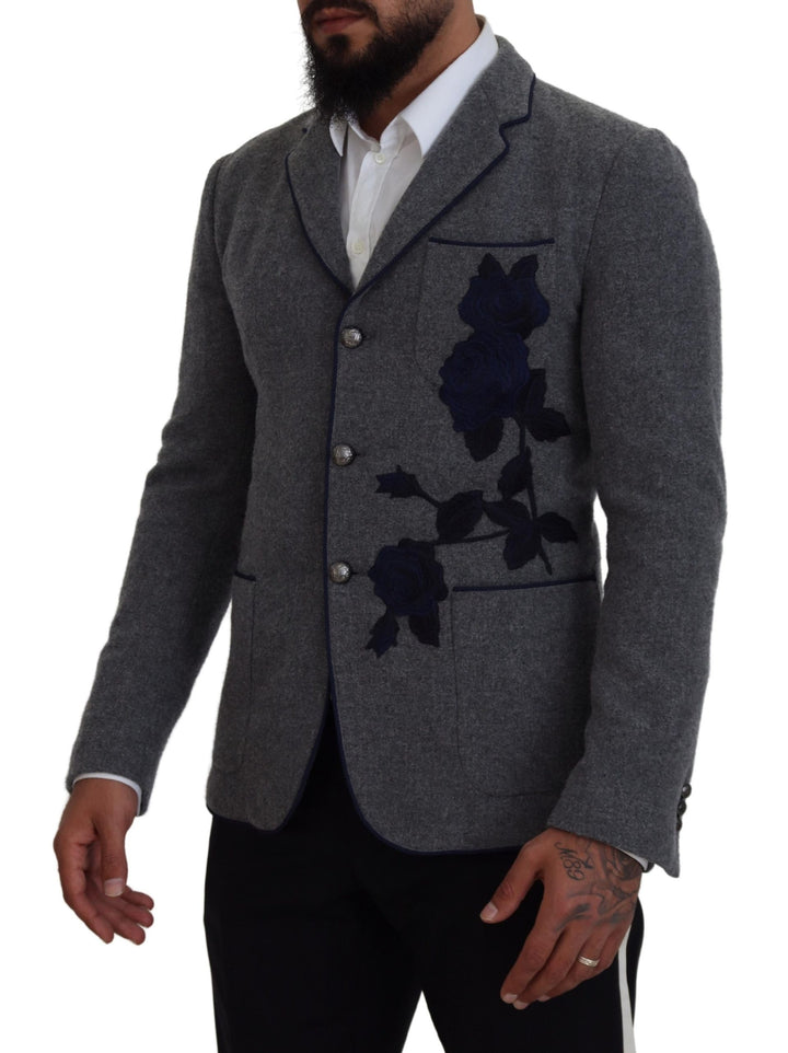 Elegant blazer made of grey wool with blue rose embroidery