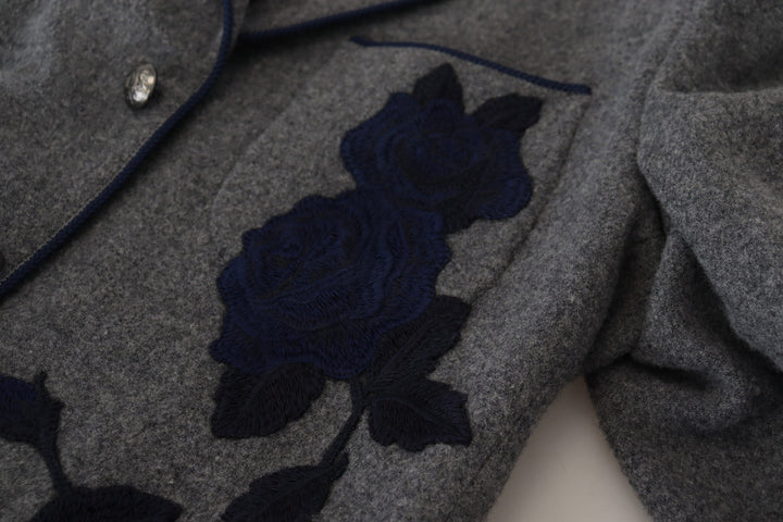 Elegant blazer made of grey wool with blue rose embroidery