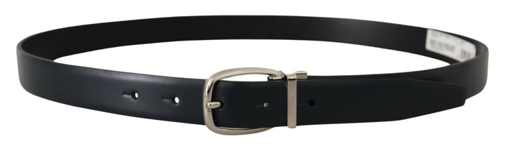 Elegant black leather belt with silver buckle