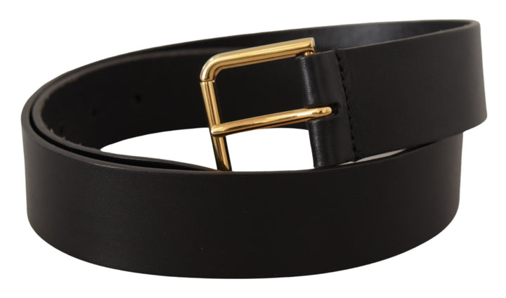 Elegant black leather belt with gold-colored buckle