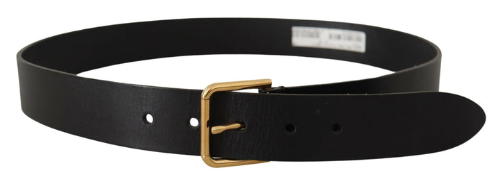 Elegant black leather belt with gold-colored buckle