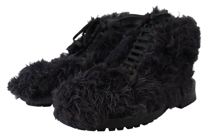 Schwarz Leder Combat Shearling Stiefel Schuhe