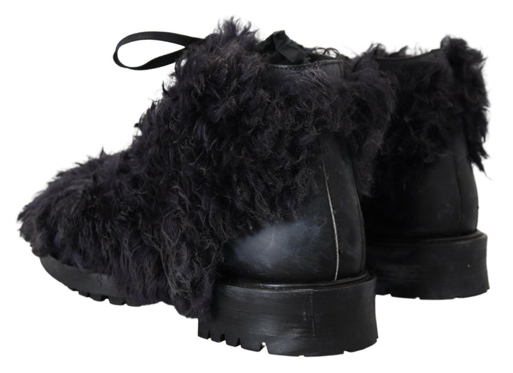 Schwarz Leder Combat Shearling Stiefel Schuhe