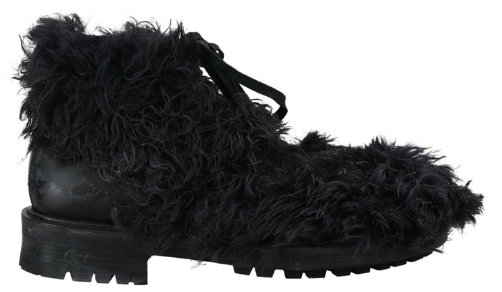 Schwarz Leder Combat Shearling Stiefel Schuhe