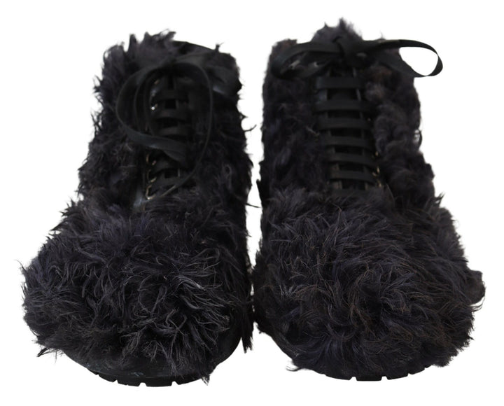 Schwarz Leder Combat Shearling Stiefel Schuhe