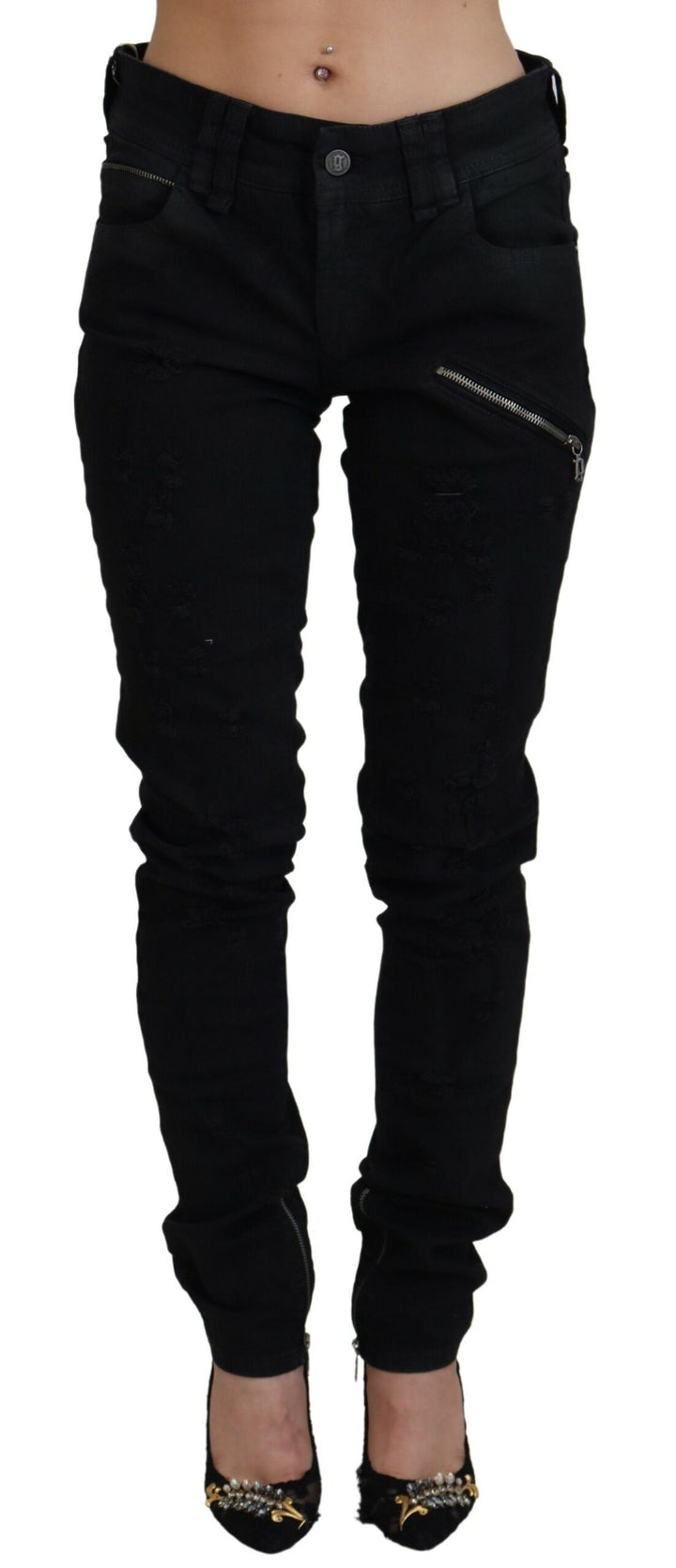 Schwarze Baumwolle Mid Waist Skinny Slim Fit Denim Jeans