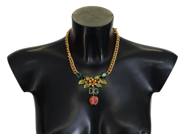 Elegant gold-colored necklace with flowers and fruits