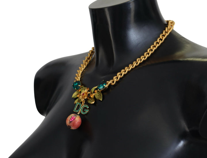 Elegant gold-colored necklace with flowers and fruits