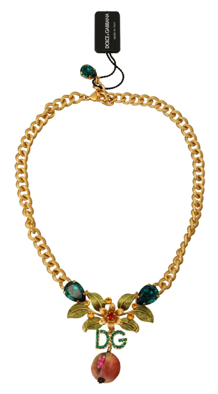 Elegant gold-colored necklace with flowers and fruits