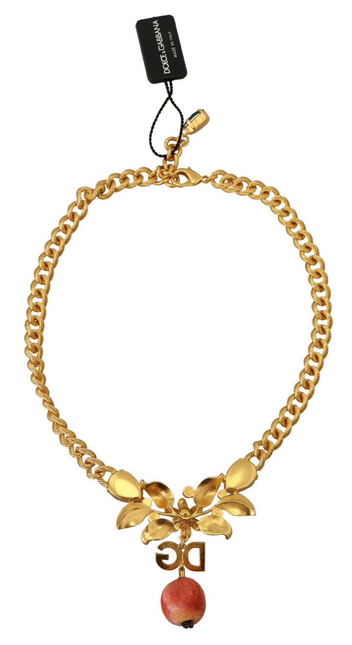 Elegant gold-colored necklace with flowers and fruits