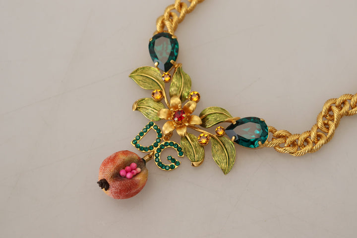 Elegant gold-colored necklace with flowers and fruits