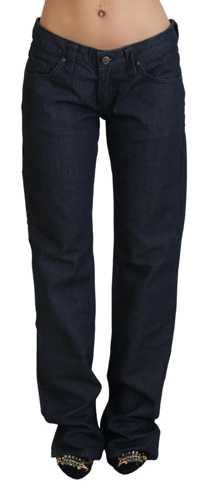 Dunkelblaue Straight Fit Denim-Jeans mit niedriger Taille für Frauen