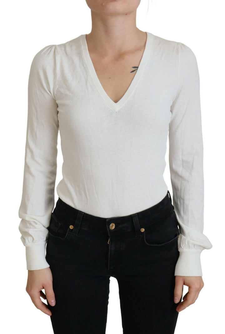 Elfenbeinfarbener V-Ausschnitt mit langen Ärmeln Damen Bluse Top