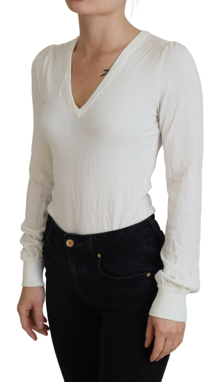 Elfenbeinfarbener V-Ausschnitt mit langen Ärmeln Damen Bluse Top