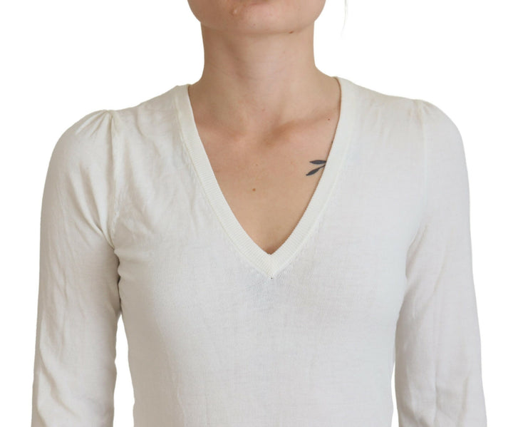 Elfenbeinfarbener V-Ausschnitt mit langen Ärmeln Damen Bluse Top