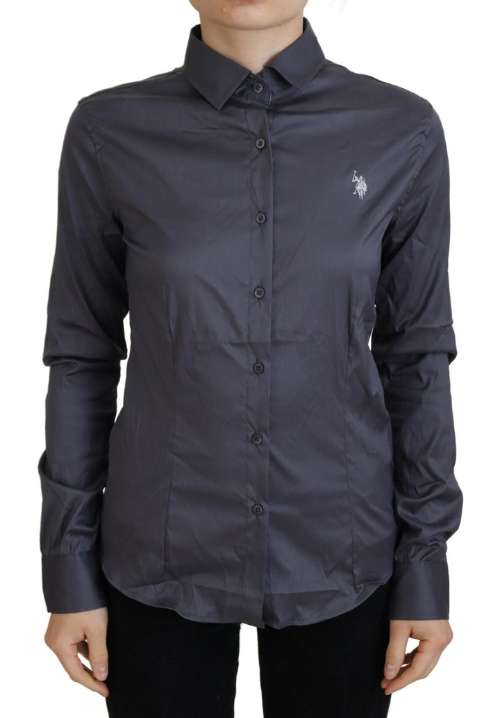 Graues bedrucktes Oberteil mit langen Ärmeln und Kragen