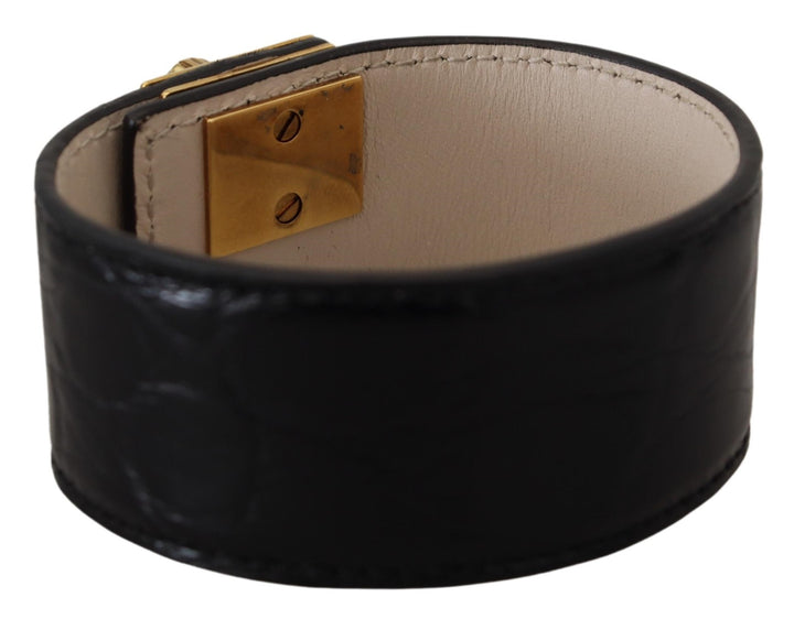 Elegant black leather bracelet with gold details