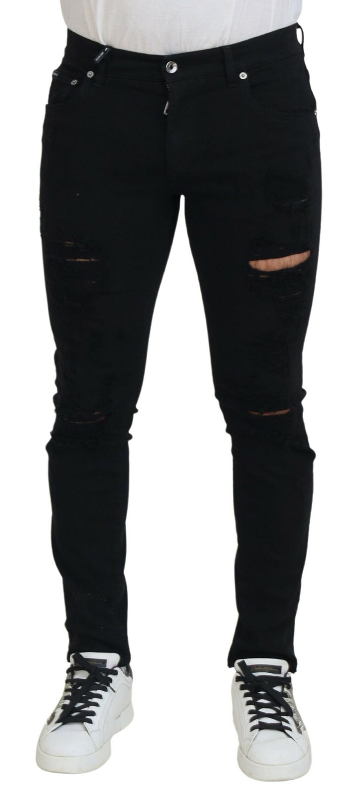 Schwarze Slim Fit Tattered Denim Baumwolljeans