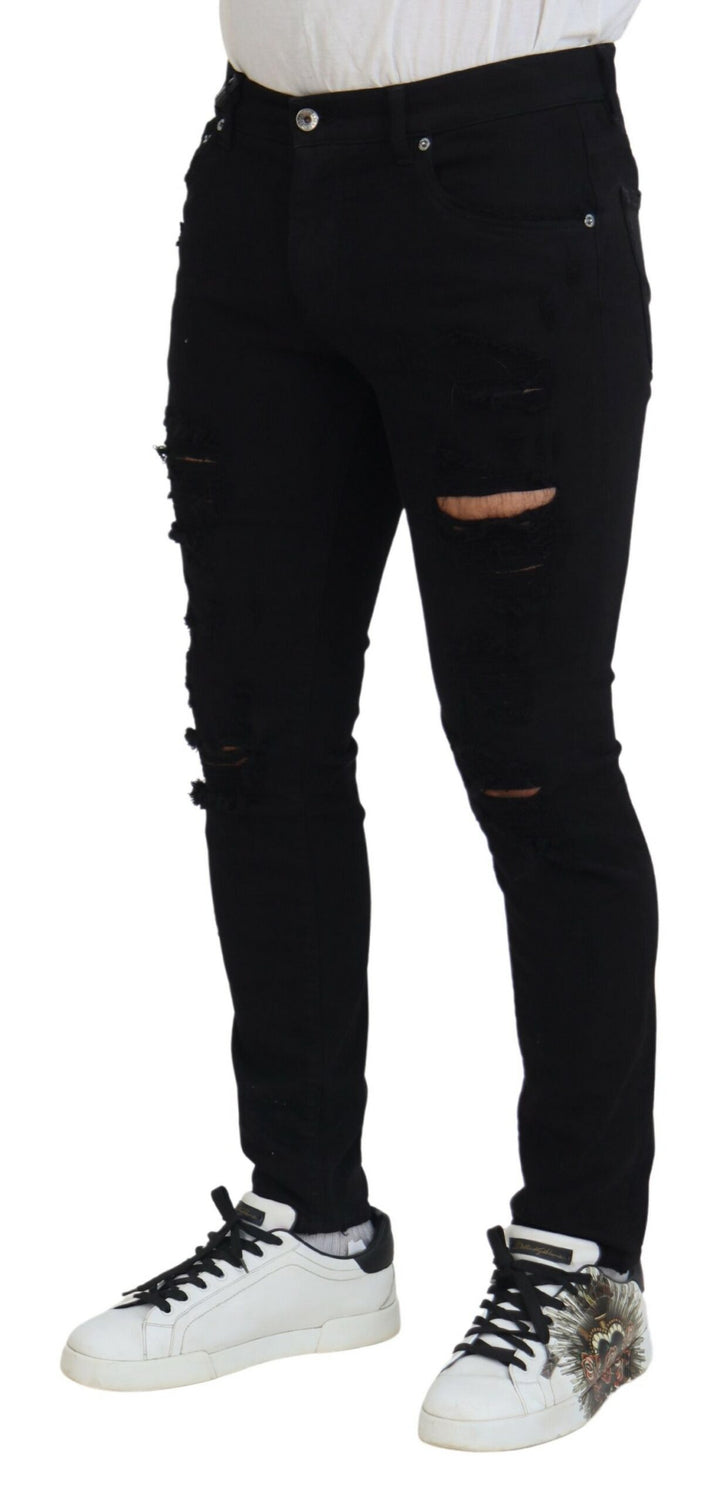 Schwarze Slim Fit Tattered Denim Baumwolljeans