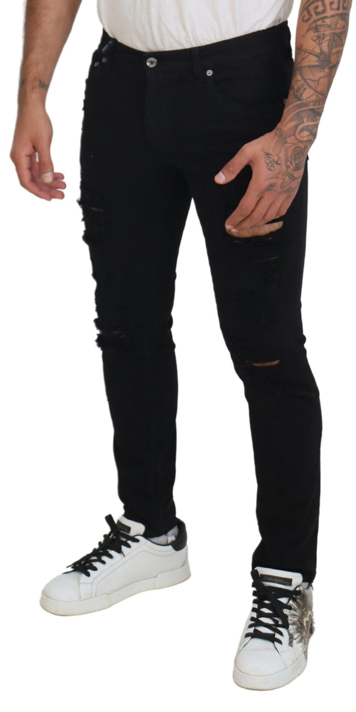 Schwarze Slim Fit Tattered Denim Baumwolljeans