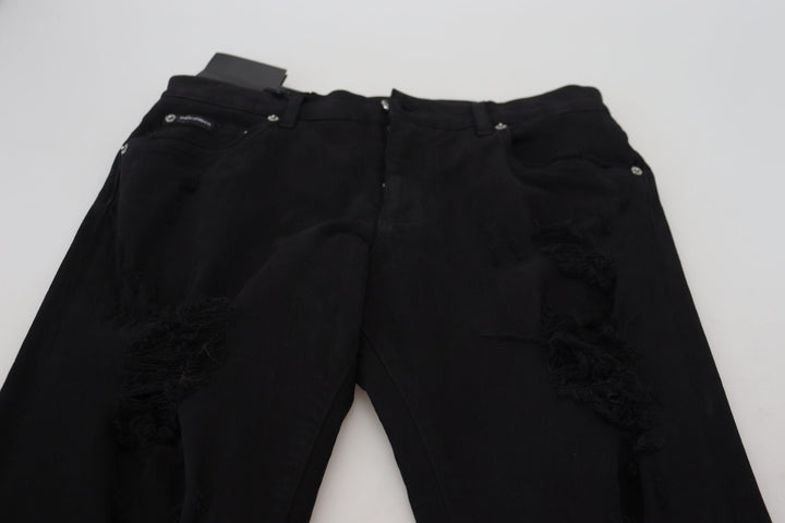 Schwarze Slim Fit Tattered Denim Baumwolljeans