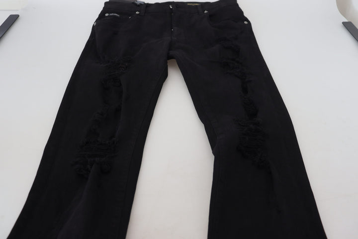 Schwarze Slim Fit Tattered Denim Baumwolljeans