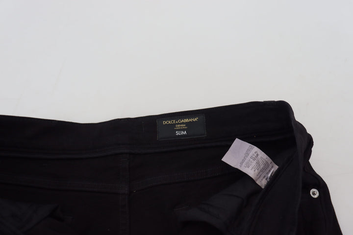 Schwarze Slim Fit Tattered Denim Baumwolljeans