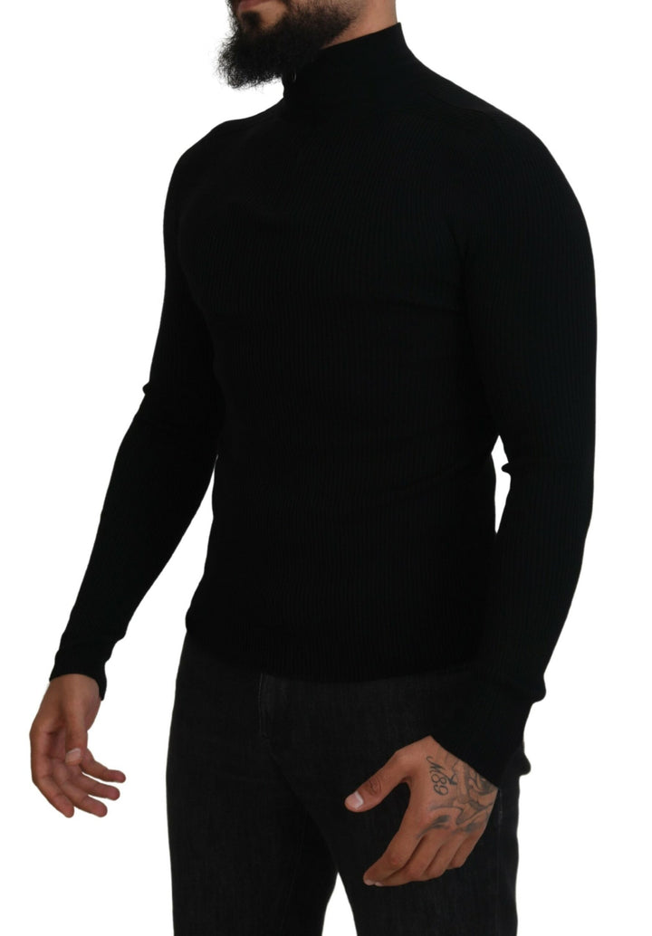 Elegant half-zip turtleneck sweater in black wool