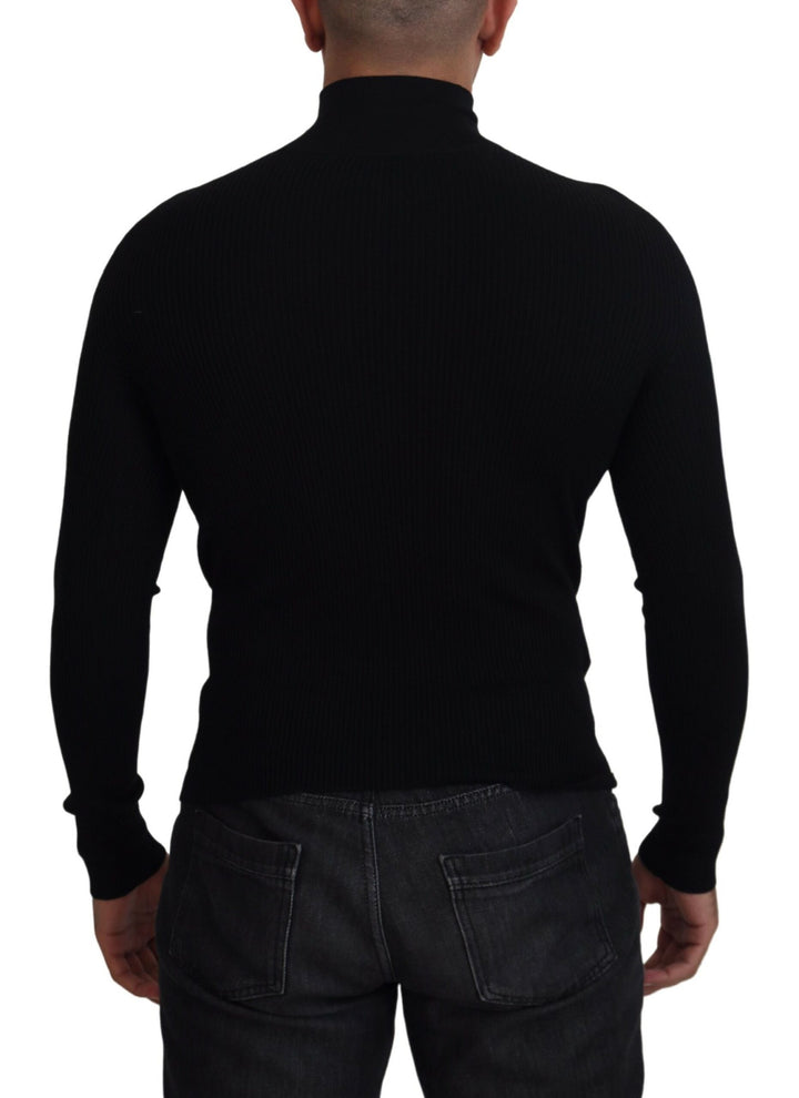 Elegant half-zip turtleneck sweater in black wool