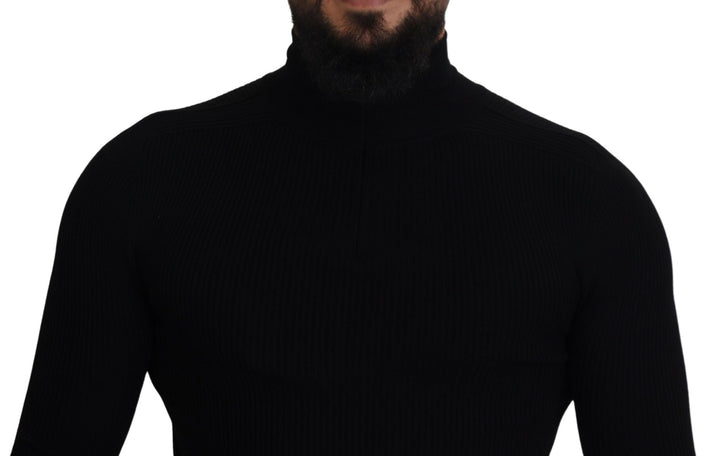 Elegant half-zip turtleneck sweater in black wool