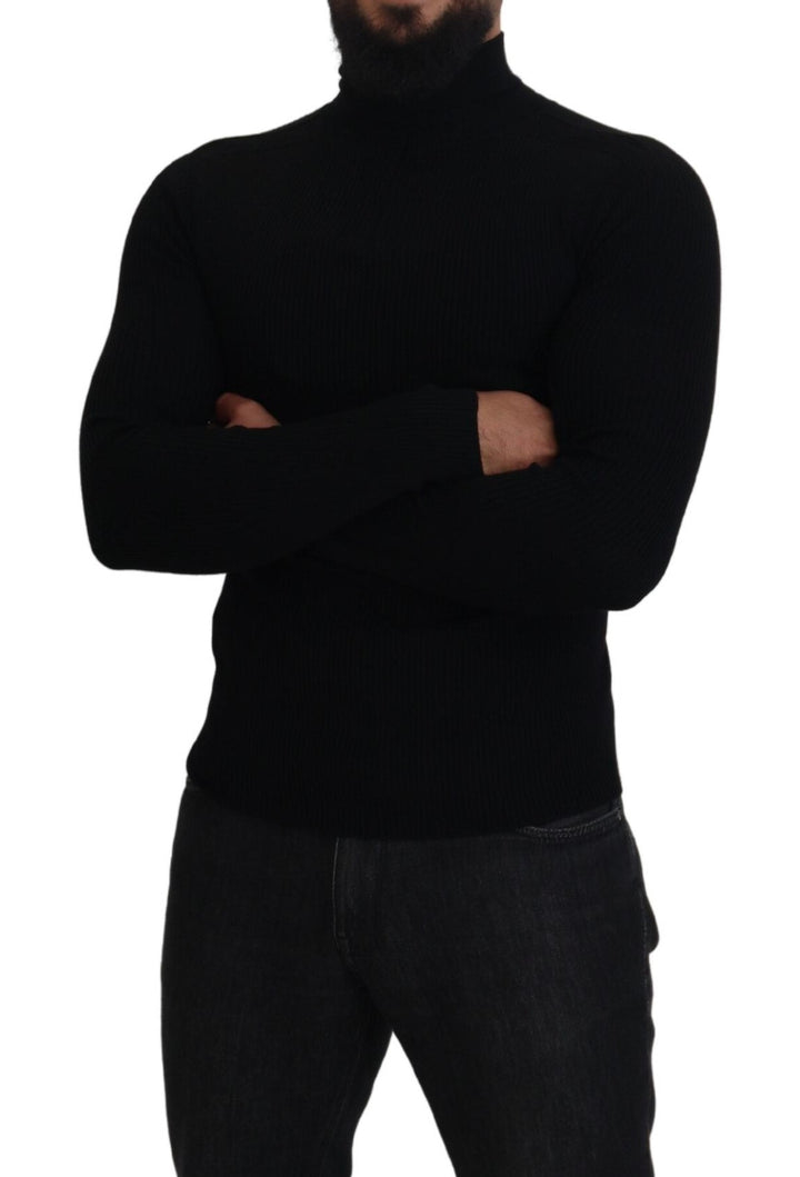 Elegant half-zip turtleneck sweater in black wool