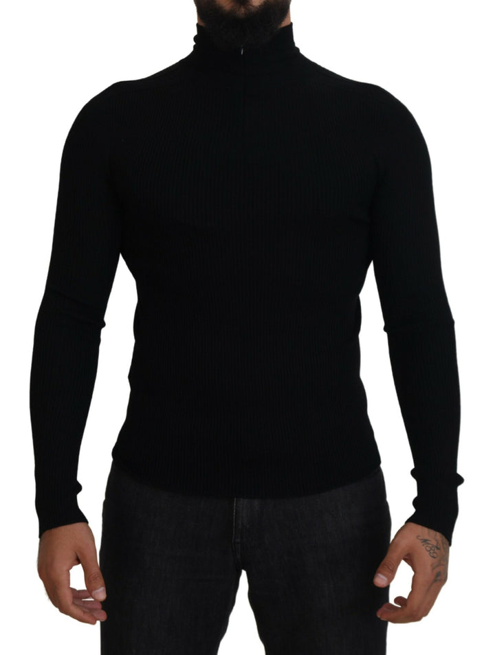 Elegant half-zip turtleneck sweater in black wool