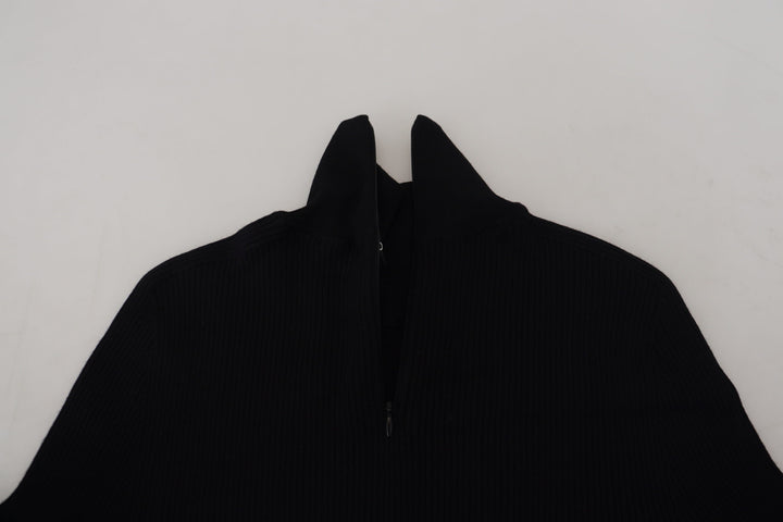 Elegant half-zip turtleneck sweater in black wool