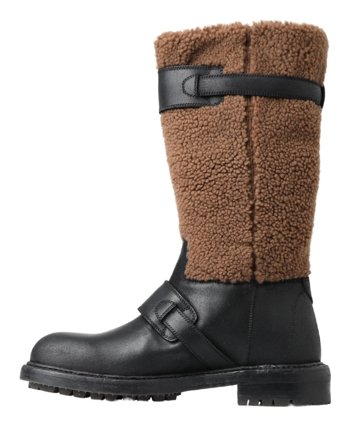Schwarz Leder Braun Shearling Stiefel