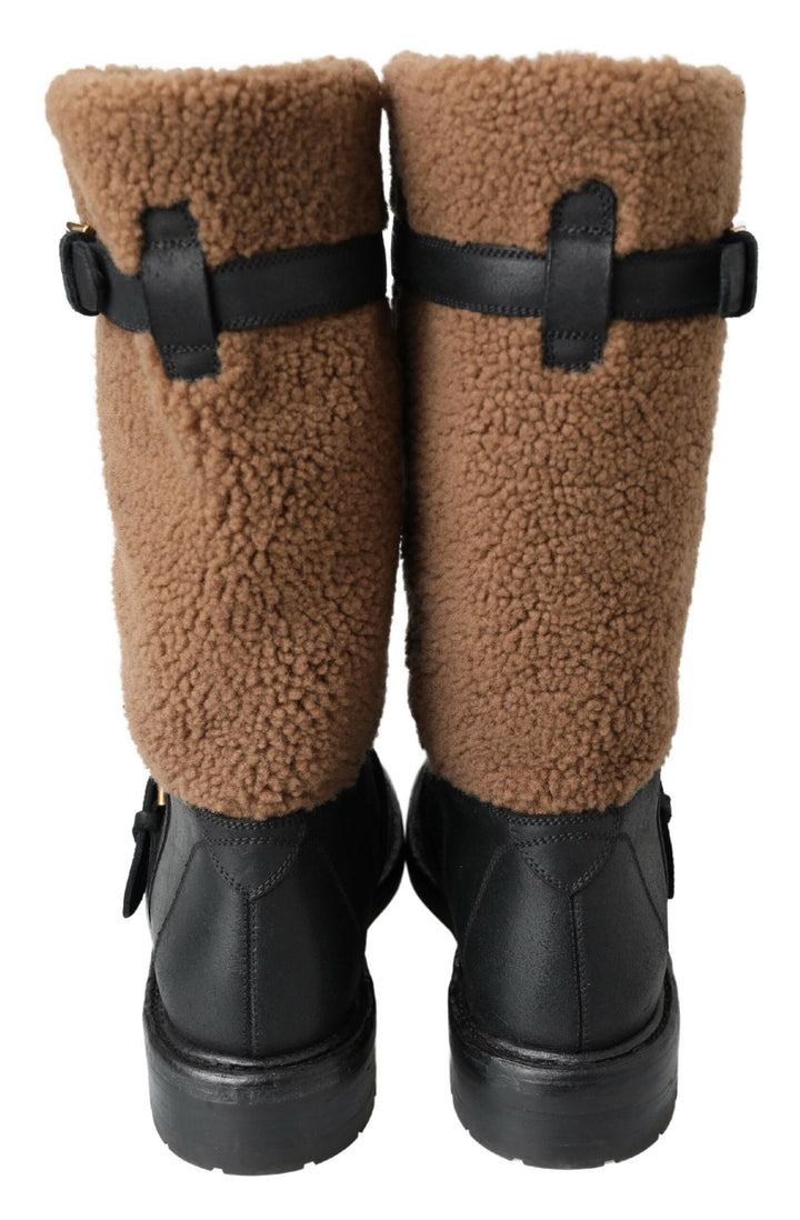 Schwarz Leder Braun Shearling Stiefel