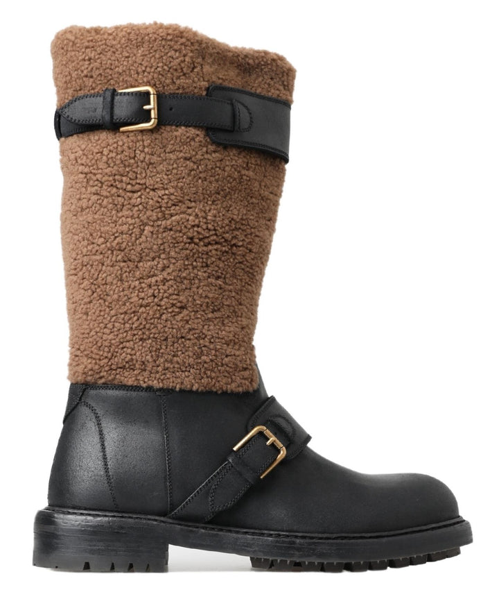 Schwarz Leder Braun Shearling Stiefel