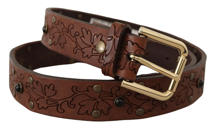 Brauner Leder Gürtel mit floraler Metallschnalle und Nieten