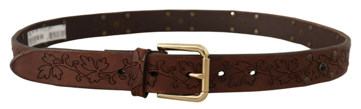 Brauner Leder Gürtel mit floraler Metallschnalle und Nieten