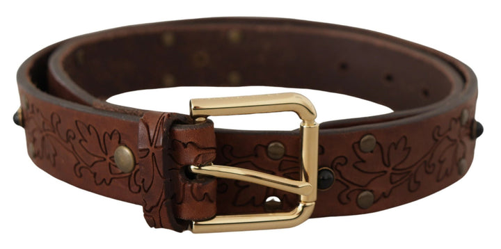 Brauner Leder Gürtel mit floraler Metallschnalle und Nieten