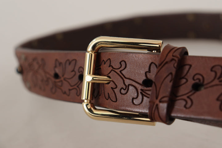 Brauner Leder Gürtel mit floraler Metallschnalle und Nieten