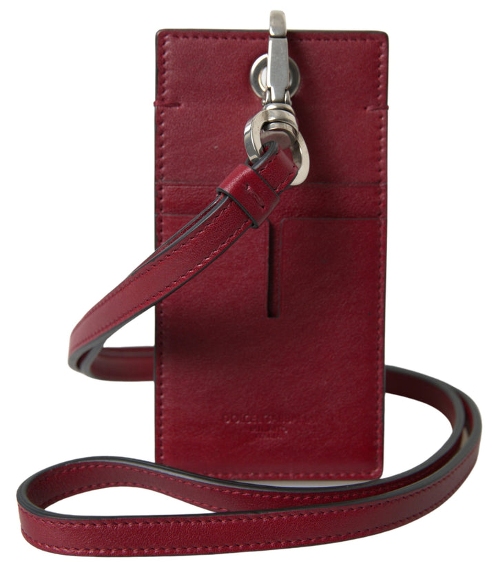 Elegant red leather card holder with lanyard