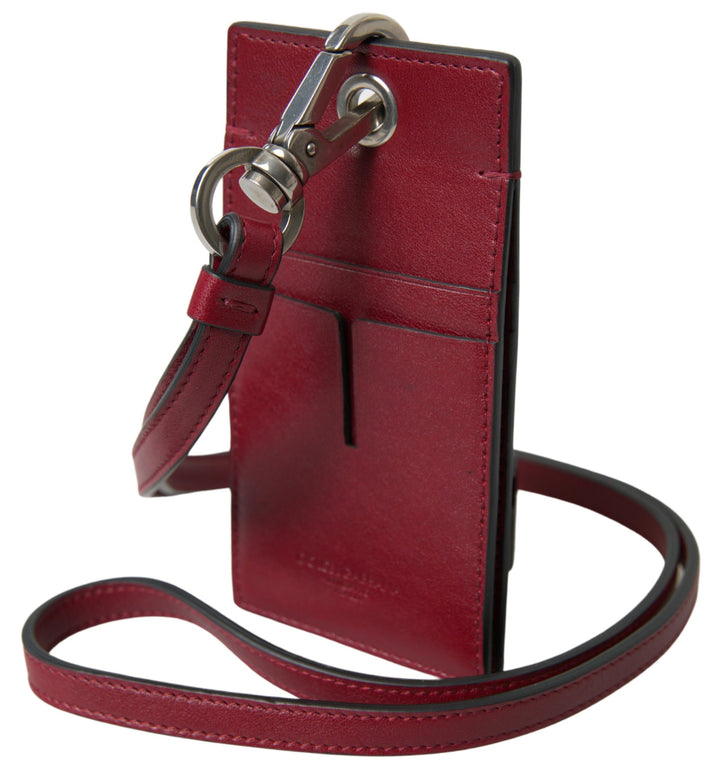 Elegant red leather card holder with lanyard