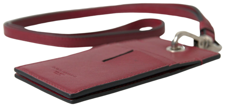 Elegant red leather card holder with lanyard