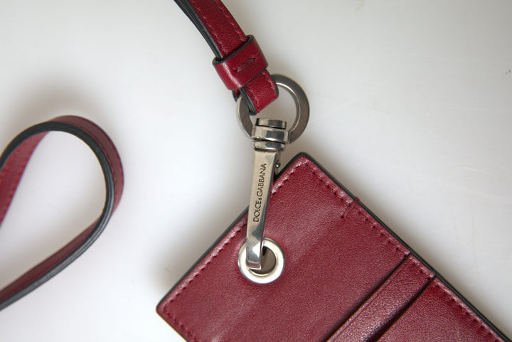 Elegant red leather card holder with lanyard